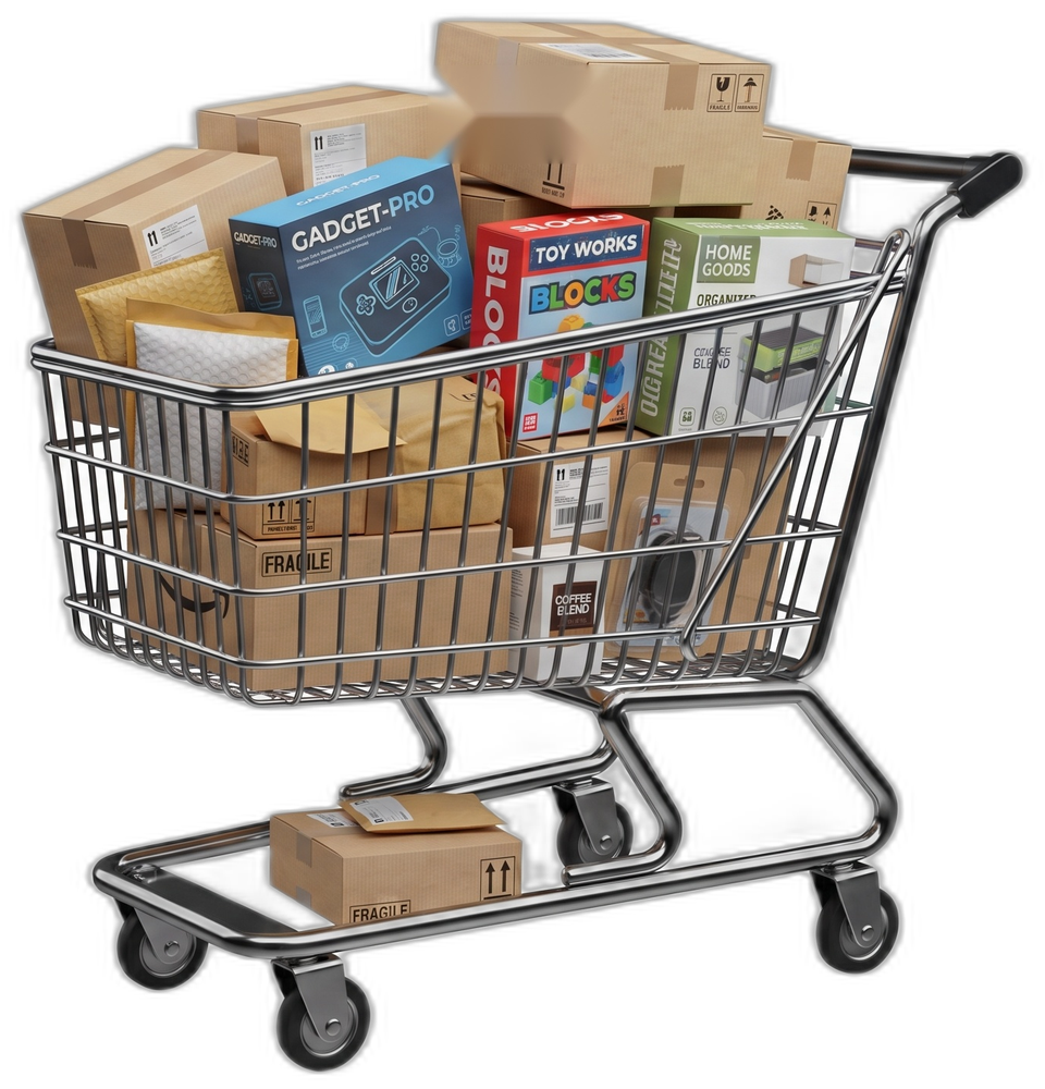 Shopping cart full of boxed merchandise